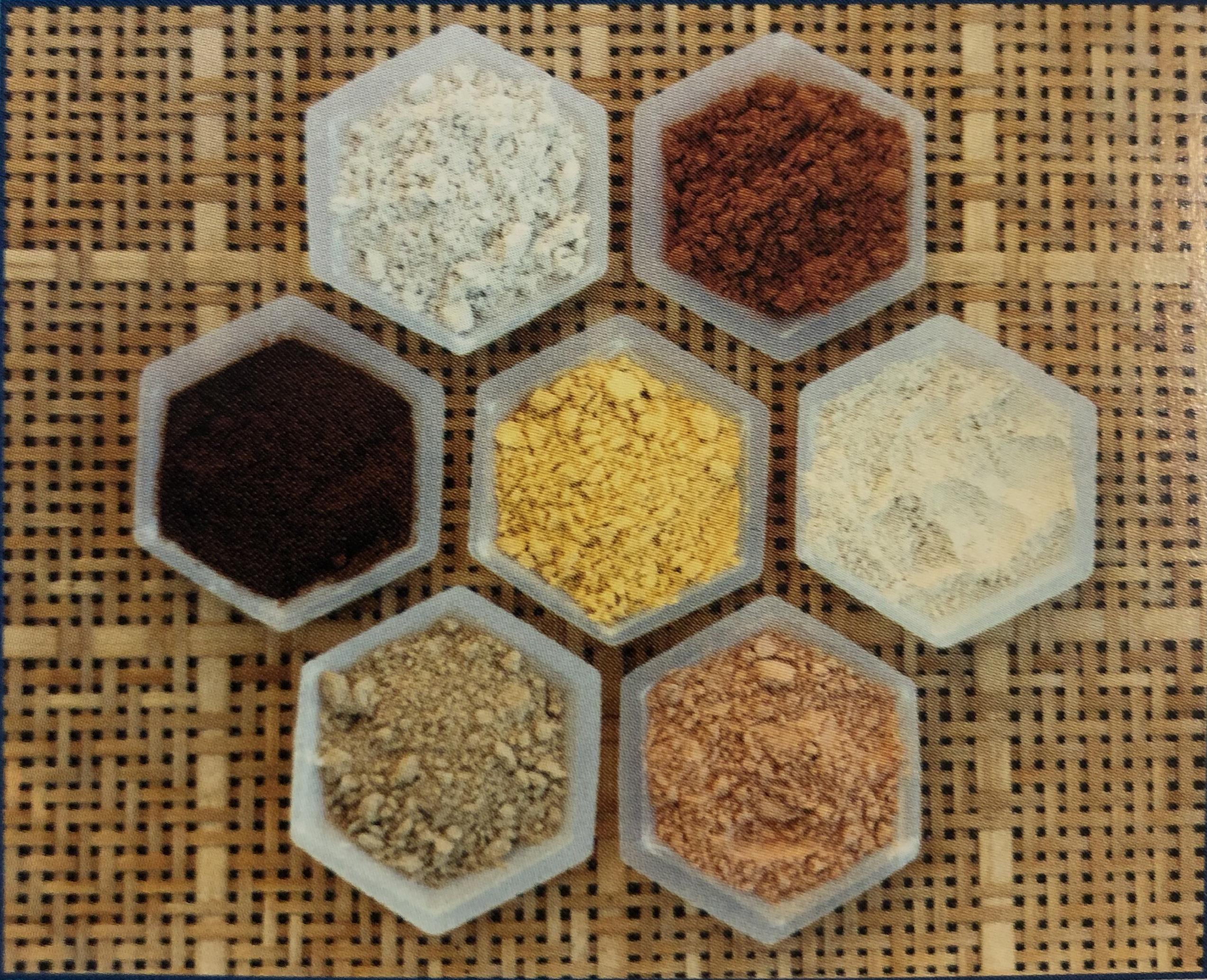 assorted fish feeds - clockwise from top right: liver meal, soybean mea, krill meal, de-boned whitefish meal, squid meal, wheat gluten meal; center; corn fluent meal